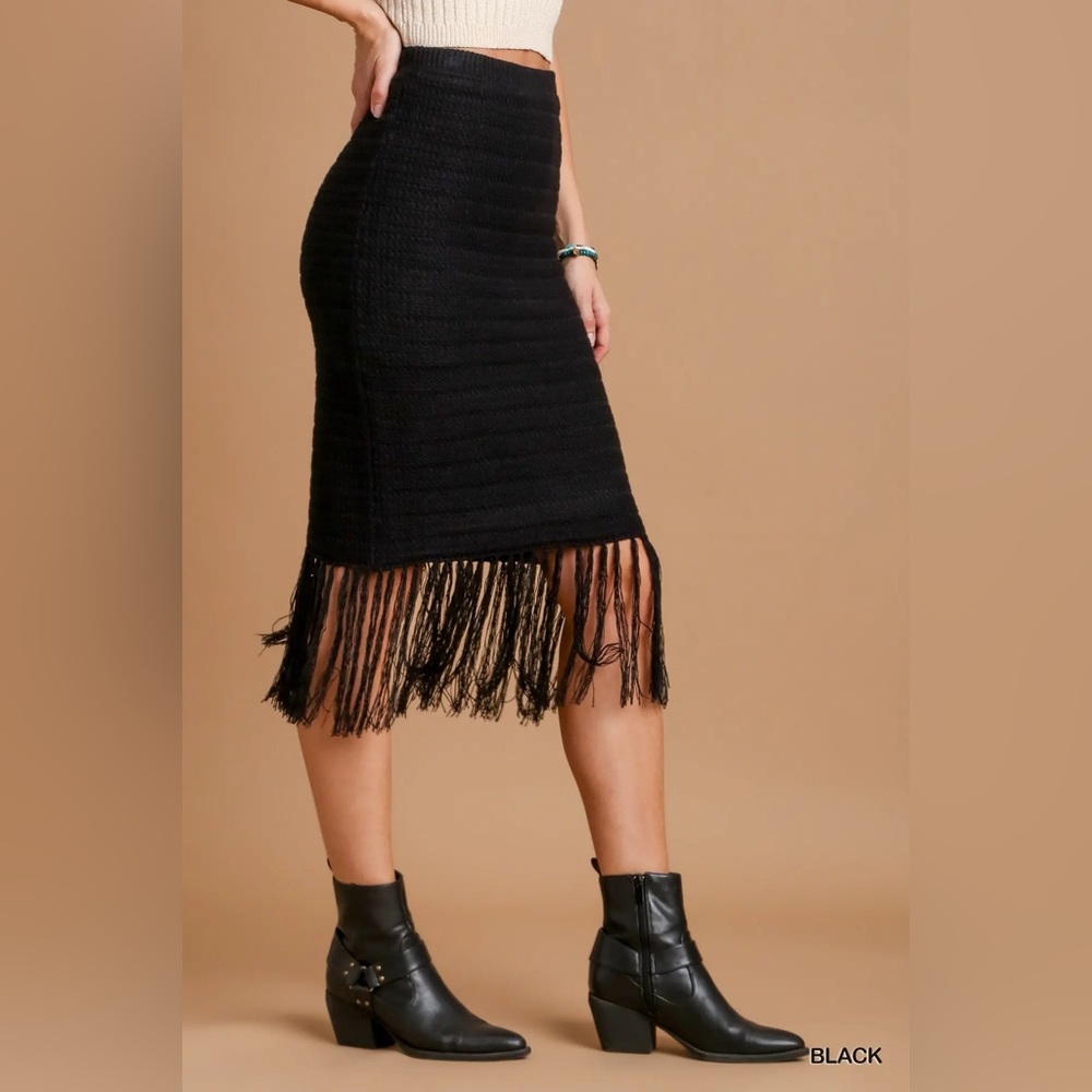 Umgee Black Fringe Crochet Skirt with Frey Hem - Picture 3 of 5